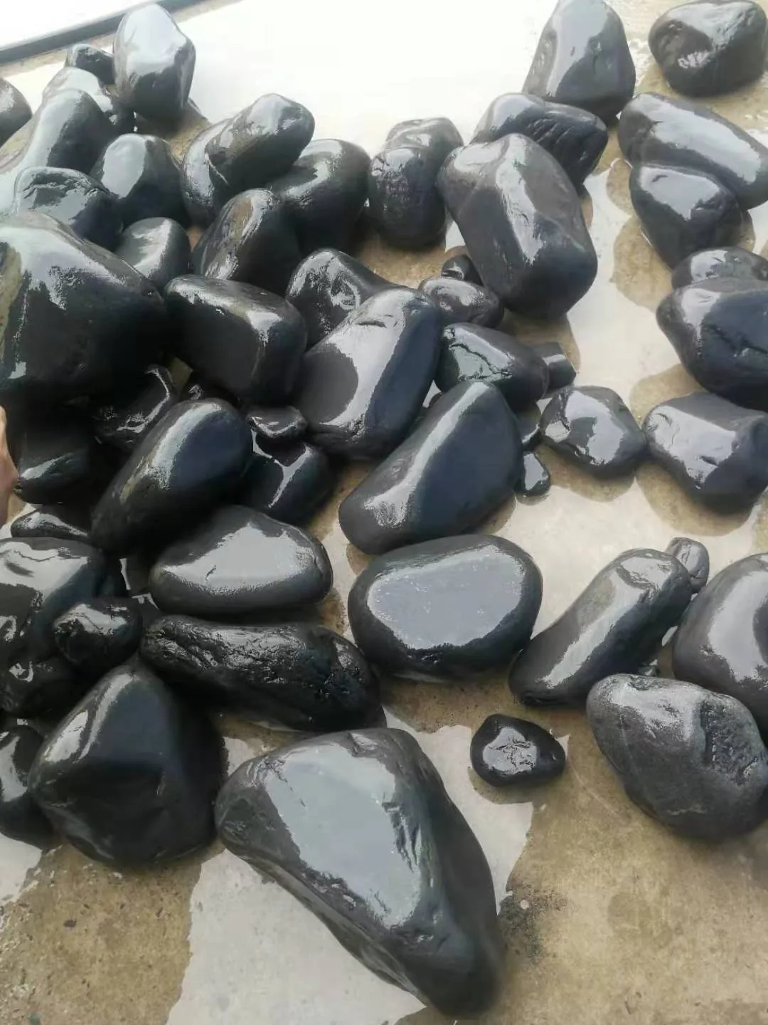 Glossy black pebbles finished in a rotary stone polishing machine